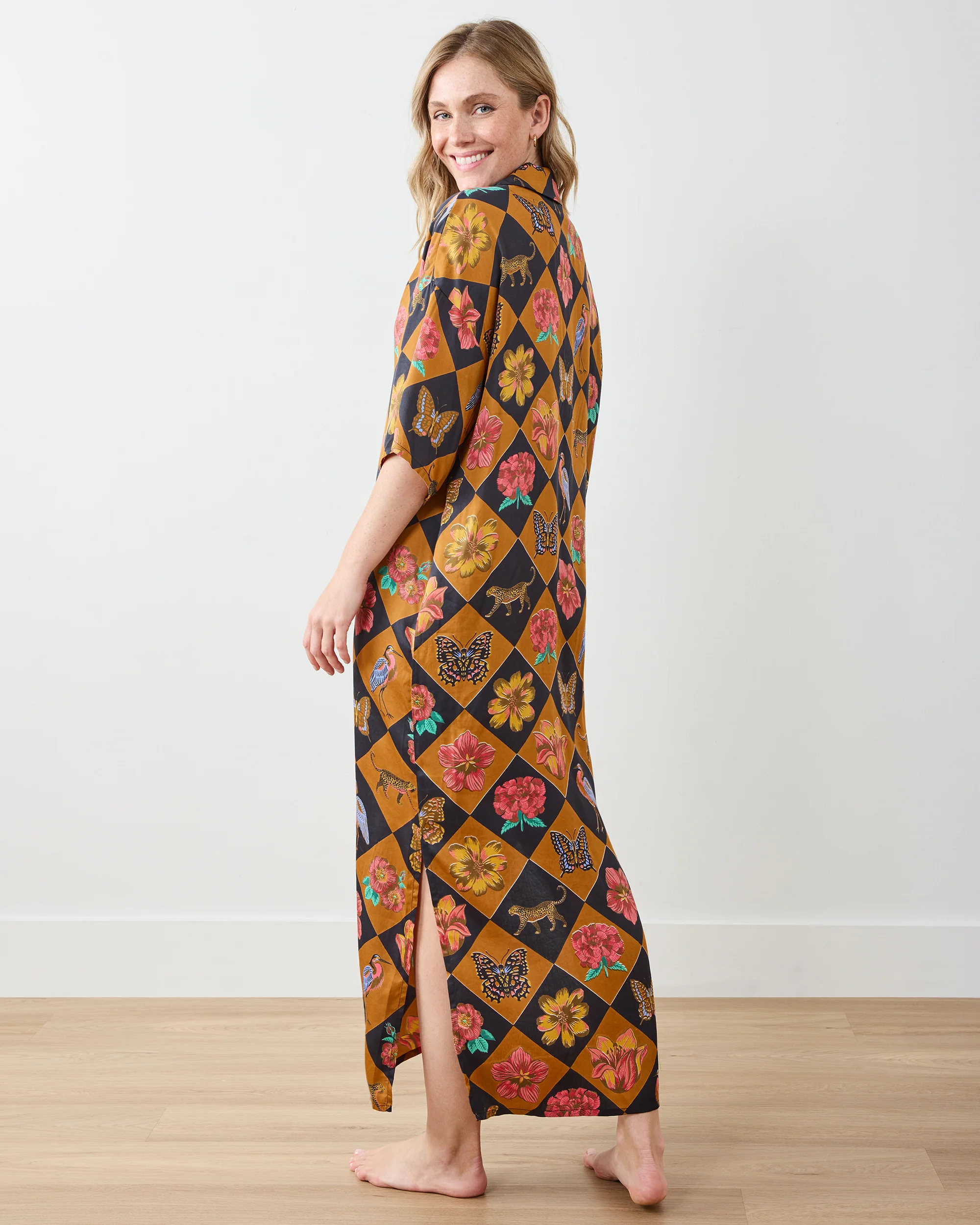 Botanical Checkerboard - Eco Satin Brigitte Nightgown Set - Caramel - Image 4