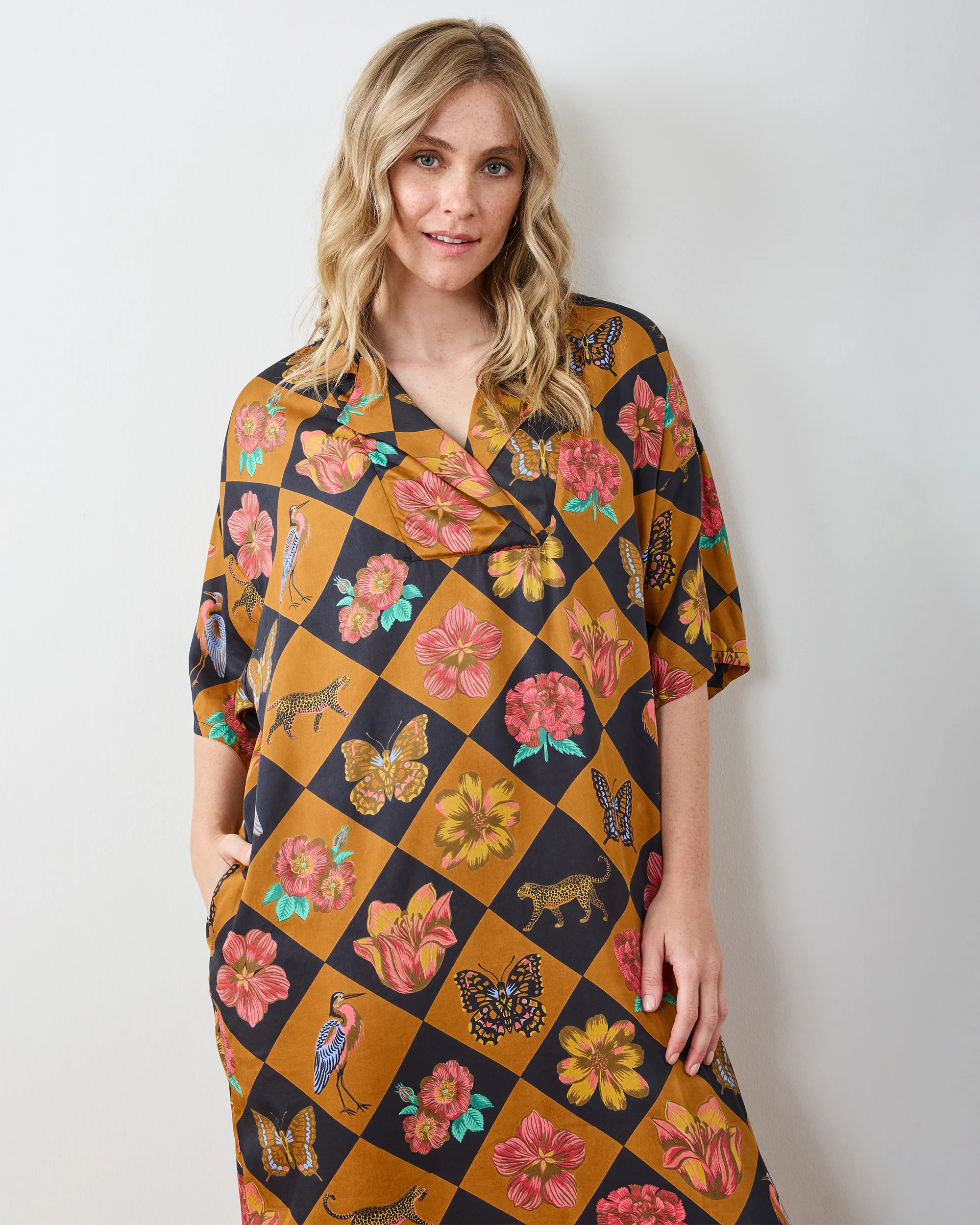 Botanical Checkerboard - Eco Satin Brigitte Nightgown Set - Caramel - Image 6