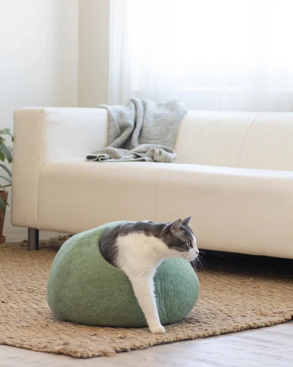 Eucalyptus Green - Wool Cat Cave Bed - Fuzzy Cove - Image 4