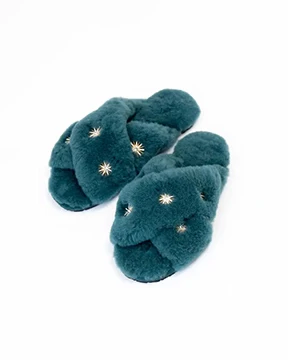 Blue Sheepskin Slippers with Rhinestones - Image 2