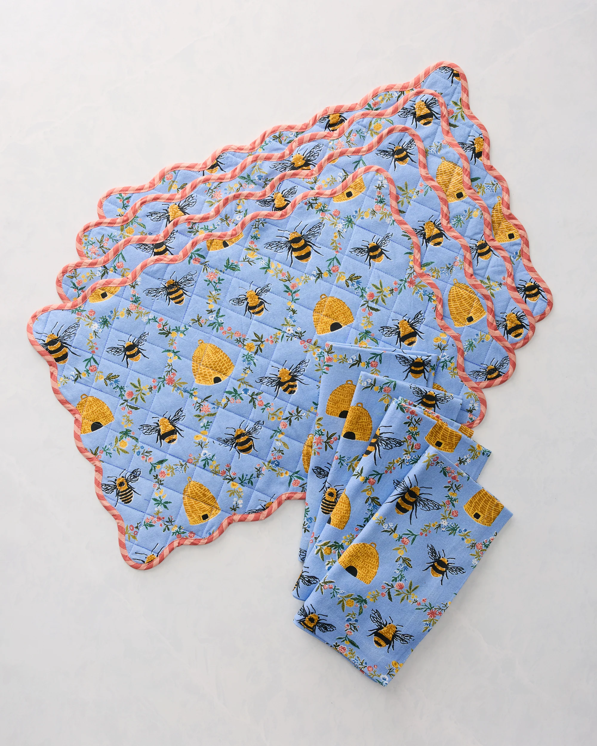 Sweet Bee - Set of 4 Placemats & Napkins Bundle - Soft Blue